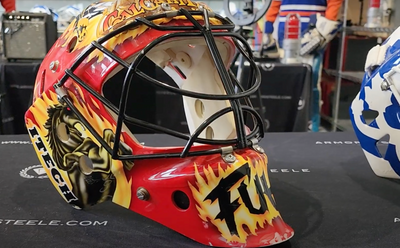 Featuring: Grant Fuhr Game Worn goalie mask 1999-2000 Calgary Flames Painted by Frank Cipra on Itech shell