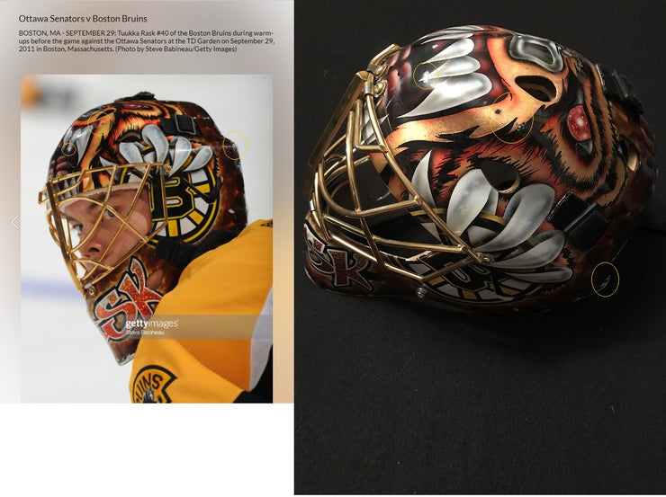 Tuukka Rask Game Worn Goalie Mask Boston Bruins 2008 to 2011 Photomatched Made by Dom Malerba and Ron Slater - SOLD