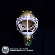 ED BELFOUR 1999 PRO GAME REPLICA GOALIE MASK GOLD DALLAS STARS SIGNED AUTOGRAPHED WARWICK SHELL PAINTED BY MISKA
