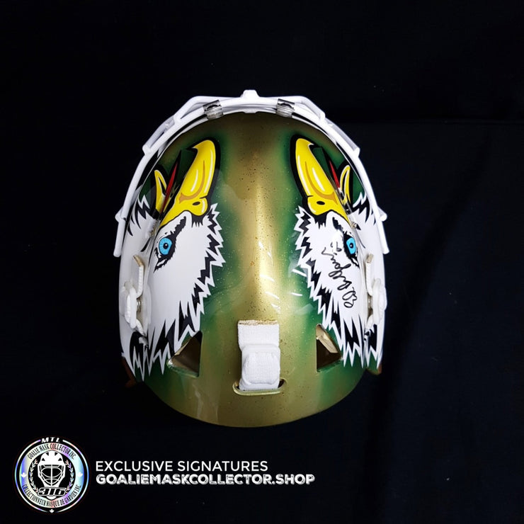 ED BELFOUR 1999 PRO GAME REPLICA GOALIE MASK GOLD DALLAS STARS SIGNED AUTOGRAPHED WARWICK SHELL PAINTED BY MISKA