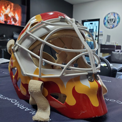 GAME WORN MASK: MIKE VERNON CALGARY FLAMES BY GREG HARRISON