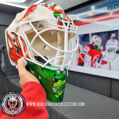 New Arrival: MACKENZIE BLACKWOOD 2021 New Jersey Devils Goalie Mask Game Worn Painted by Sylabrush. Shell made by Dominic Malerba