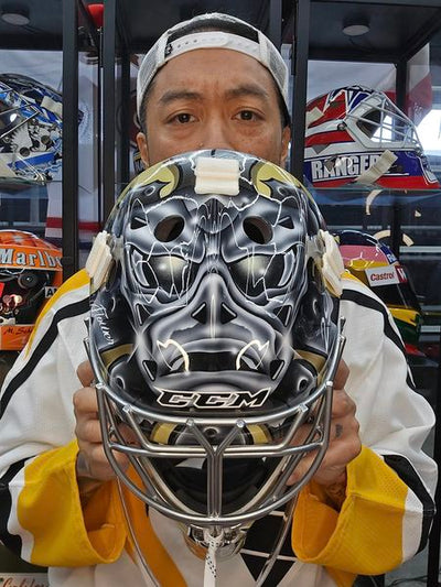 In-depth video: MARC-ANDRE FLEURY 2015 GOALIE MASK Game Issued/ Practice Worn Painted by Griff 15 on CCM Lefevre Shell