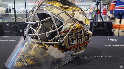 VIDEO 📹 Logan Thompson Game Worn Goalie Mask 2022-23 Las Vegas Golden Knights Stanley Cup Championship Year Painted by Dave Fried Friedesigns on Bauer Shell Photomatched