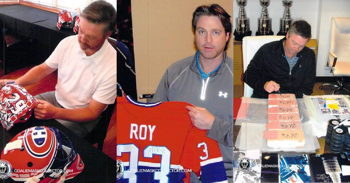 Goalie Mask Collector Wall of Fame: Patrick Roy signing photo collage
