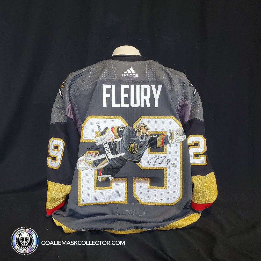 Marc Andre Fleury Signed Jersey ART EDITION "The Flying Save" Hand Painted Las Vegas Fanatics Black Adidas Authentic Limited Edition of 4. Goalie Mask Collector.