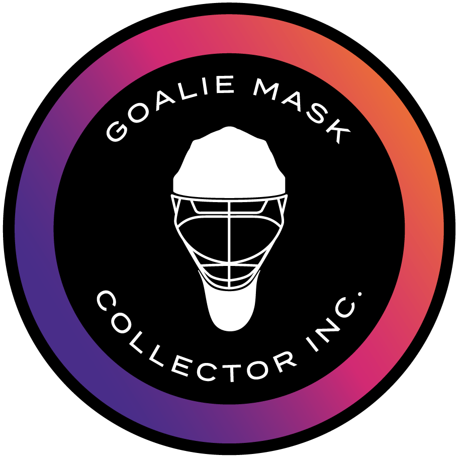 Goalie Mask Collector circular logo with a white goalie mask and purple to orange border.