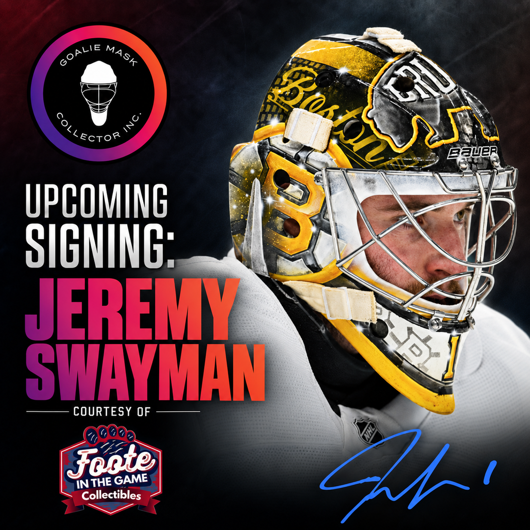 Autograph signing promotional graphic for Jeremy Swayman Signed Goalie Mask Tribute Signature Edition. Goalie Mask Collector.