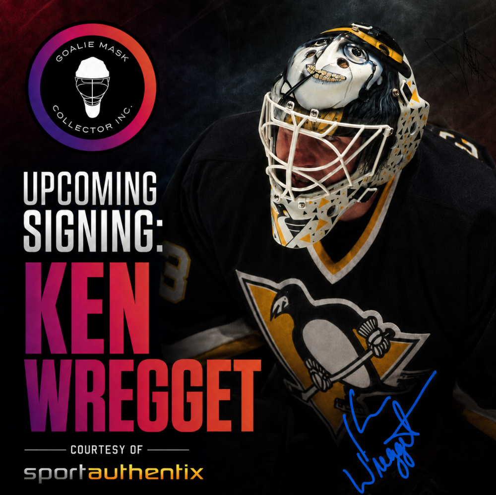Autograph signing promotional graphic for Ken Wregget Signed Goalie Mask Tribute Signature Edition. Goalie Mask Collector.