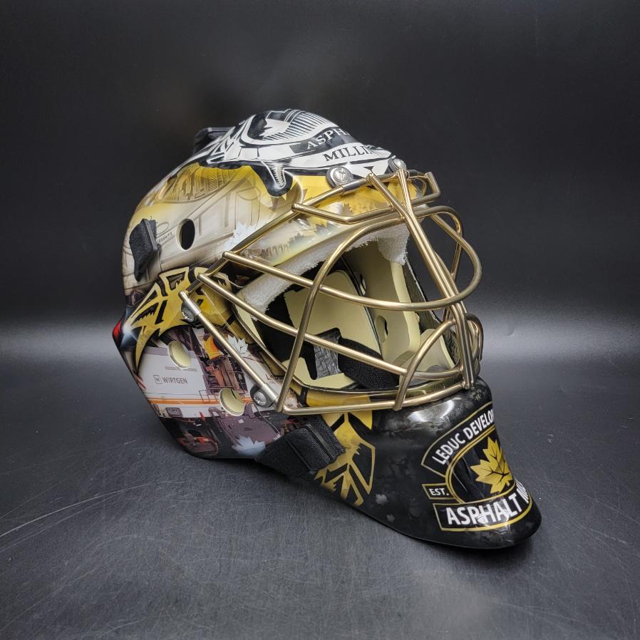 Custom AI Painted Goalie Mask: Construction Tractors Leduc