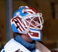 Goalie wearing the mask in a reference photo for Ron Tugnutt Signed Goalie Mask Quebec Signature Edition. Goalie Mask Collector.