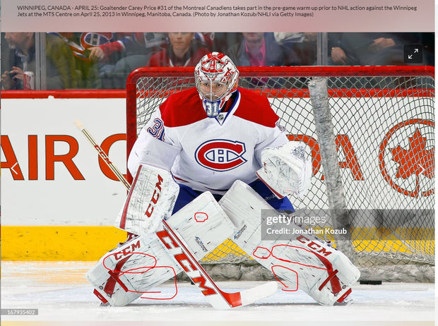 Carey Price Game Playoffs Worn Goalie Pads Set CCM + RBK Chest Protector 2012-13 Montreal Canadiens + Practice Worn Glove & Blocker Bauer AS-02961