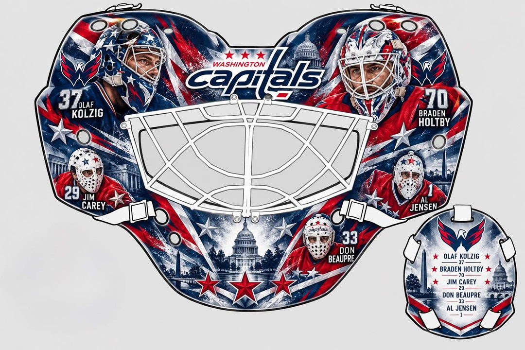 Custom AI Painted Goalie Mask: Washington Capitals Greatest Goalie Legacy Edition Signed Goalie Mask Autographed by Braden Holtby and Olaf Kolzig