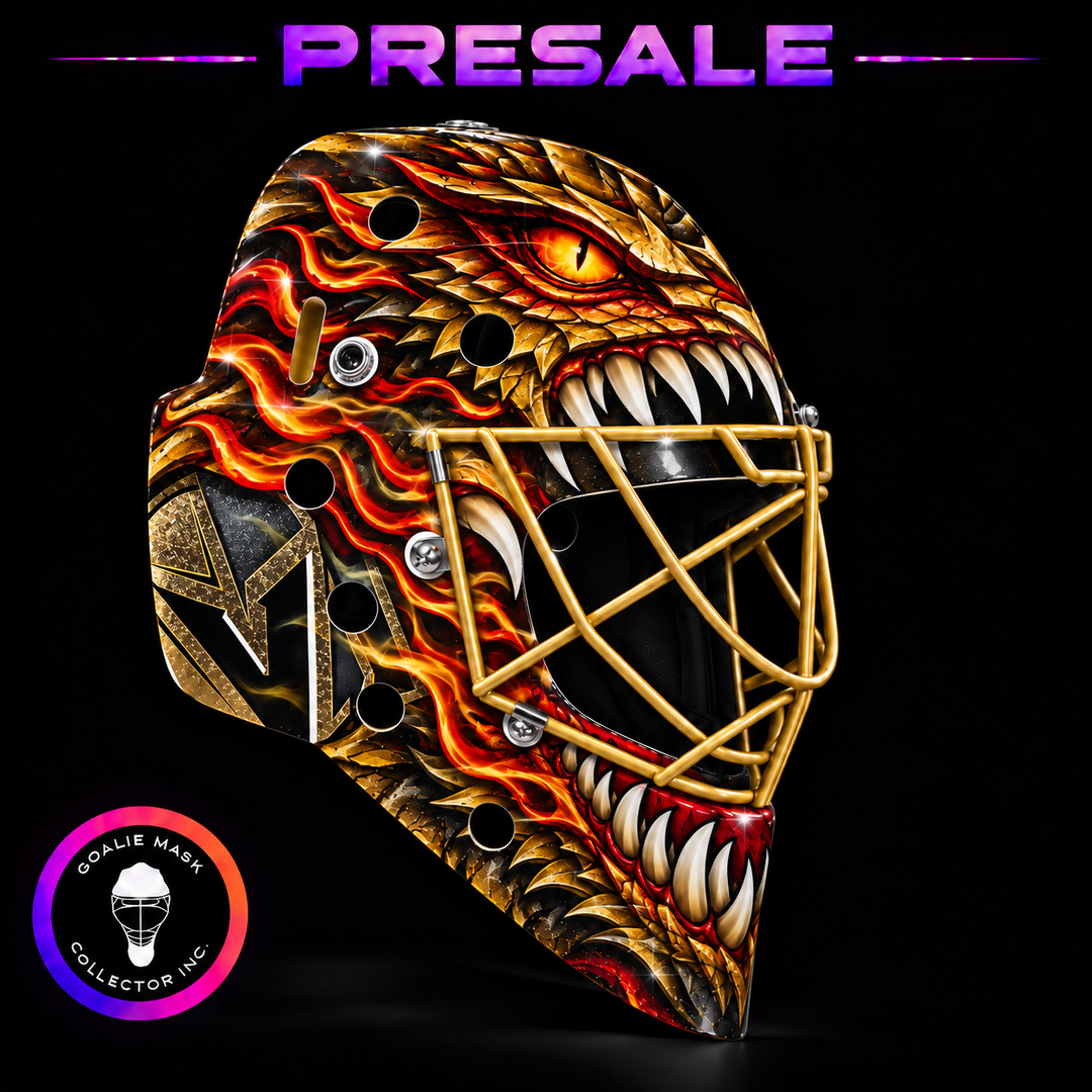 Presale: Adin Hill Goalie Mask Unsigned 2027 Las Vegas Dragon Head + Gold Powder Coated Grill Tribute