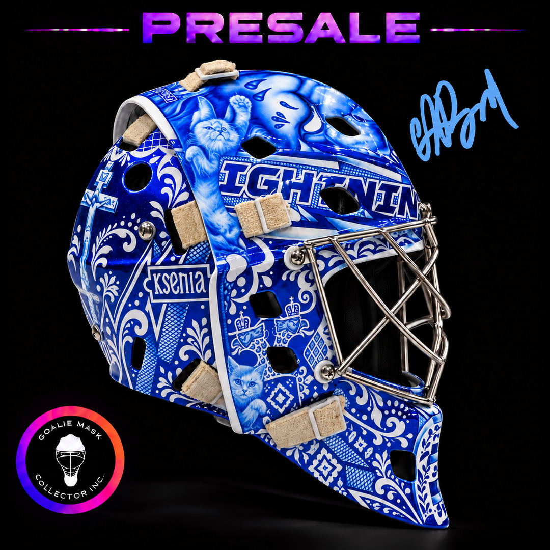 Andrei Vasilevskiy 2027 signed goalie mask with kitten artwork. Goalie Mask Collector.