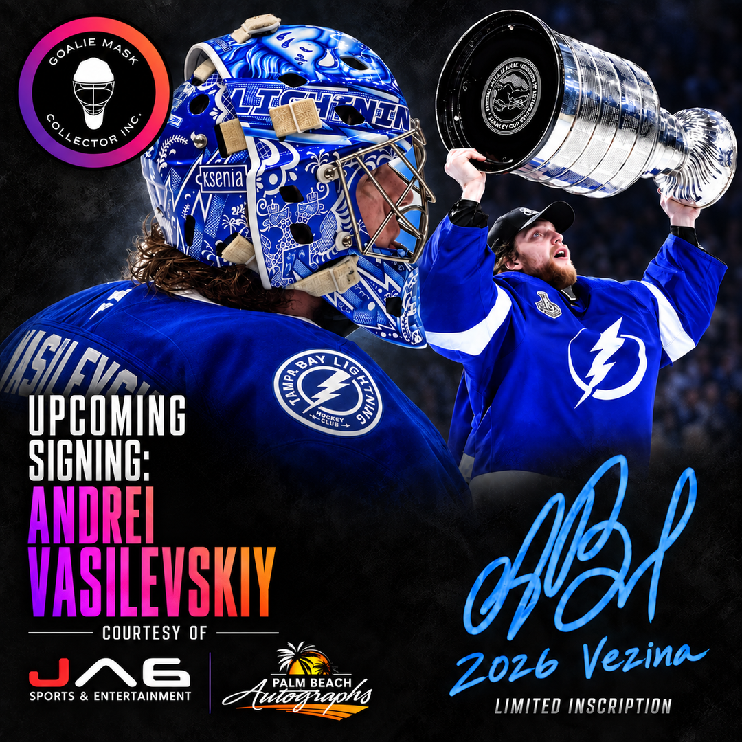 Andrei Vasilevskiy upcoming autograph signing with limited 2026 Vezina inscription, courtesy of JAG Sports & Entertainment and Palm Beach Autographs
