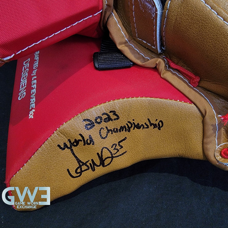 Ann-Renee Desbiens Game Used Goalie Pads 2023 Team Canada World Championship Silver Medal Winning Worn True Set Pads + Glove + Blocker Signed and Inscribed AS-03301