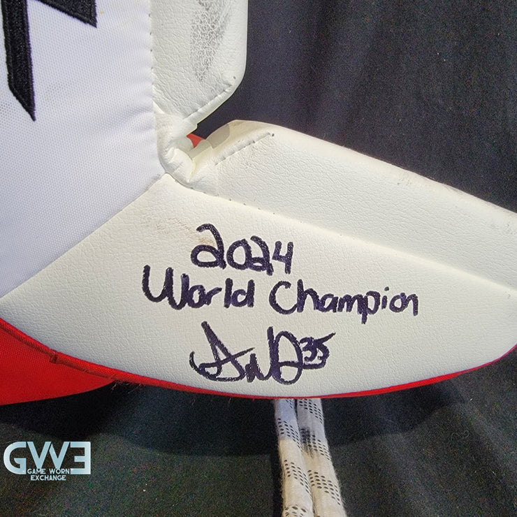 Ann-Renee Desbiens Game Used Goalie Pads 2024 Team Canada World Championship Gold Medal Winning Worn True Set Pads + Glove + Blocker Signed and Inscribed AS-03300
