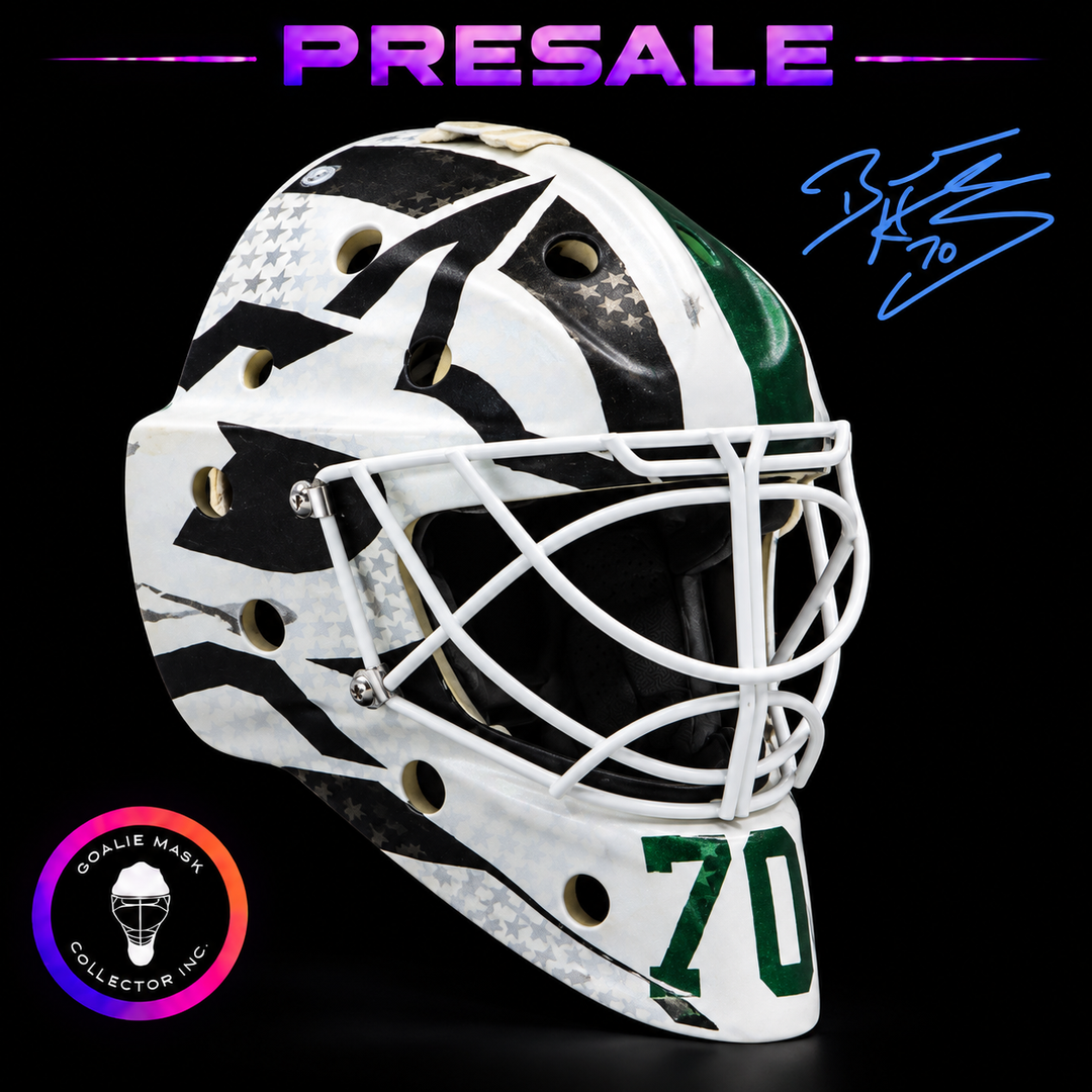 Braden Holtby signed goalie mask 2021 Dallas Tribute Signature Edition presale with blue autograph graphic