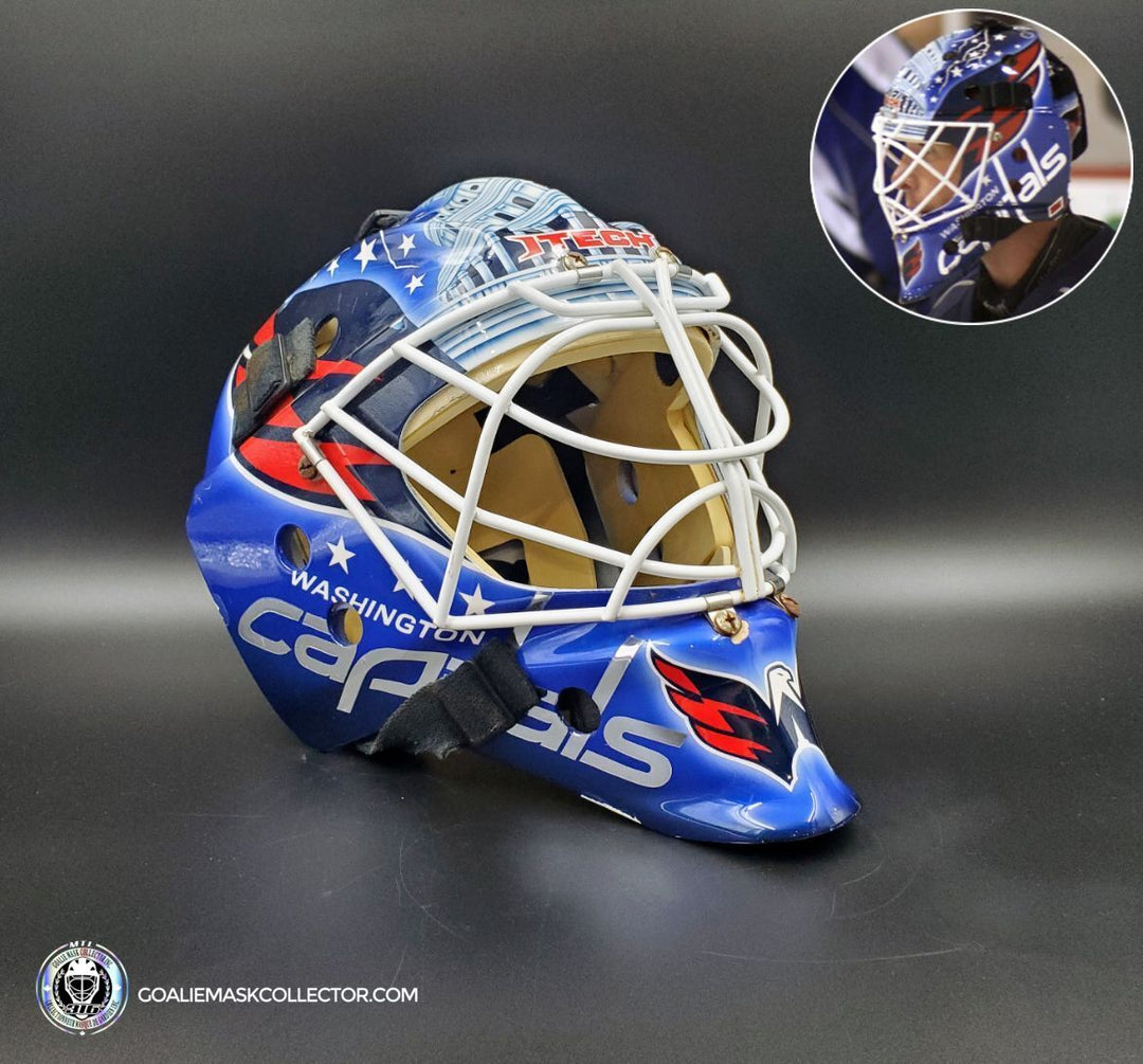 Brent Johnson Practice / Game Worn Goalie Mask 2008-09 Washington Capitals Painted by Frank Cipra on ITECH Shell AS-02829-SOLD