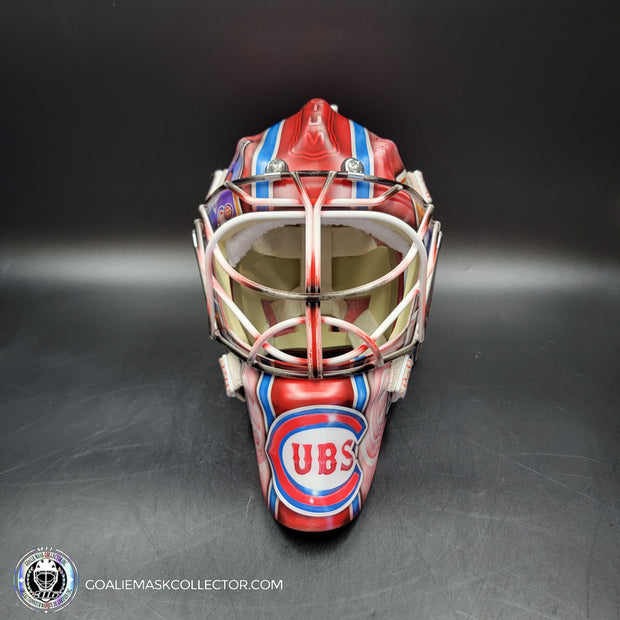 Custom Painted Goalie Mask: Chicago Cubs Classic Baseball Cards Joey Daccord Inspired Tribute