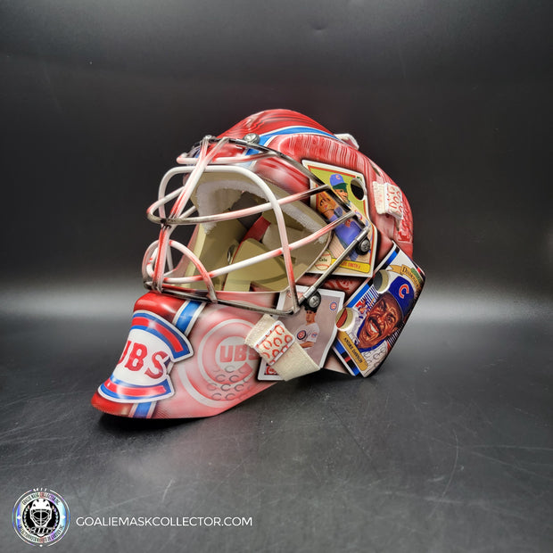 Custom Painted Goalie Mask: Chicago Cubs Classic Baseball Cards Joey Daccord Inspired Tribute