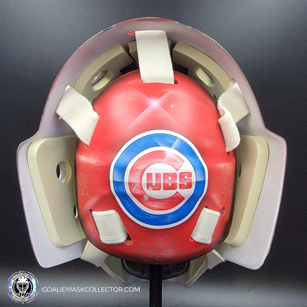 Custom Painted Goalie Mask: Chicago Cubs Classic Baseball Cards Joey Daccord Inspired Tribute