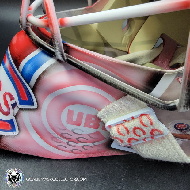Custom Painted Goalie Mask: Chicago Cubs Classic Baseball Cards Joey Daccord Inspired Tribute