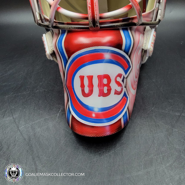 Custom Painted Goalie Mask: Chicago Cubs Classic Baseball Cards Joey Daccord Inspired Tribute