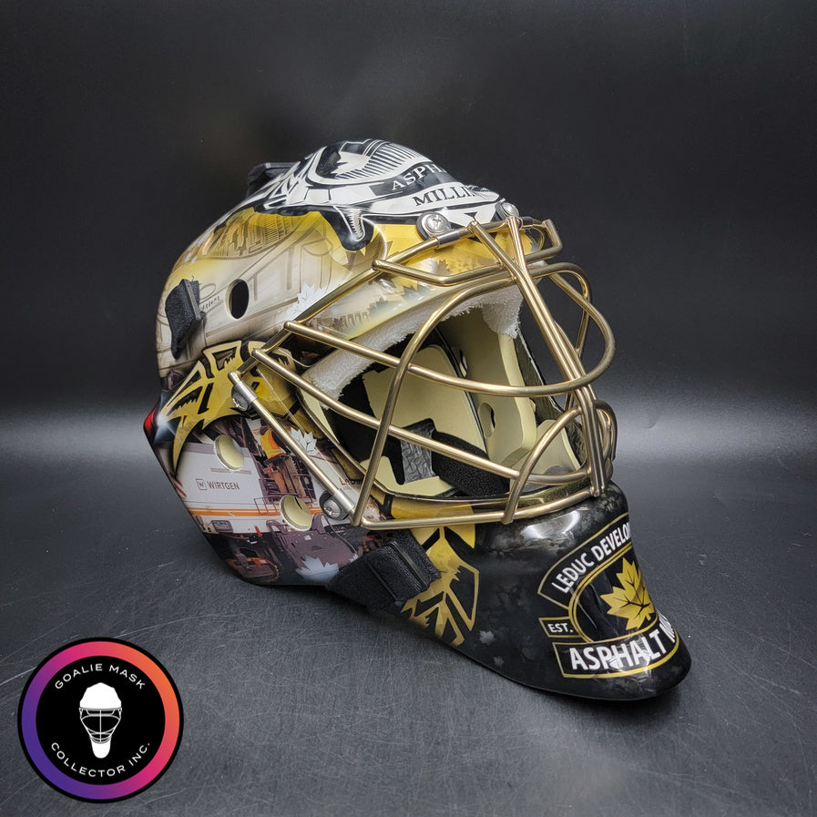 Custom AI Painted Goalie Mask: Construction Tractors Leduc