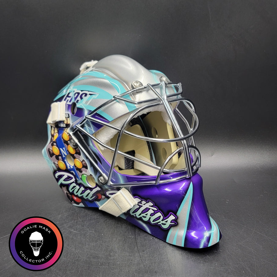 Custom Painted Goalie Mask: Drag Race Car Racing in New York Themed + Corporate Logos