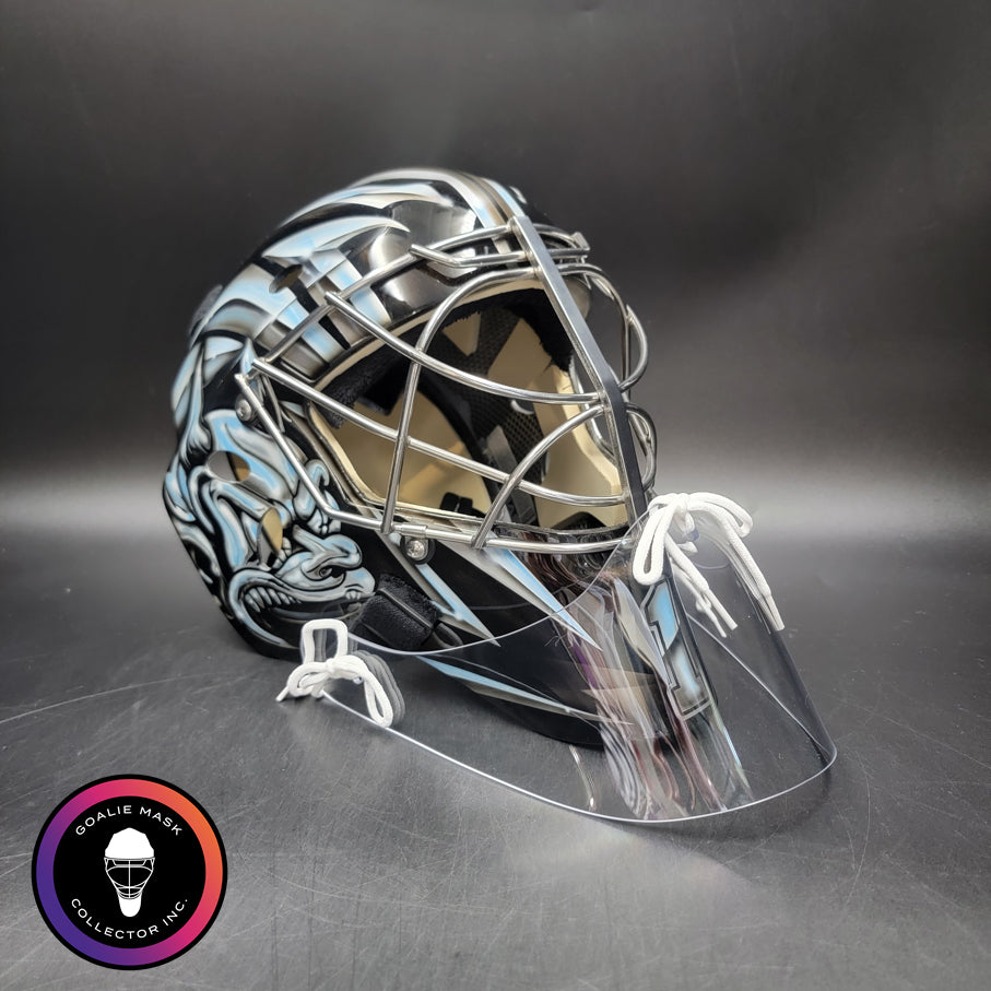 Custom Painted Goalie Mask: Los Angeles Cars with Custom Quebec License Plate