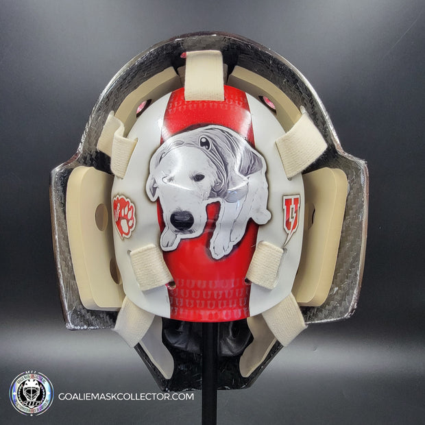 Custom Painted Goalie Mask: University Logos + Dogs