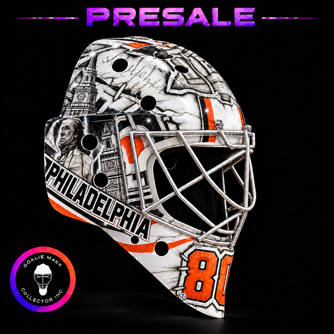 Dan Vladar unsigned 2027 Philadelphia Bell Tribute goalie mask presale artwork with PHILADELPHIA lettering, orange number 80 and silver cage. Goalie Mask Collector.