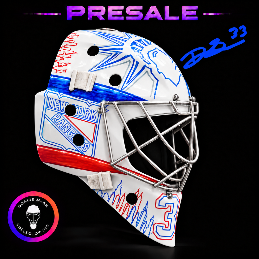 Dylan Garand 2027 New York presale mask with illustrative signature and number 33