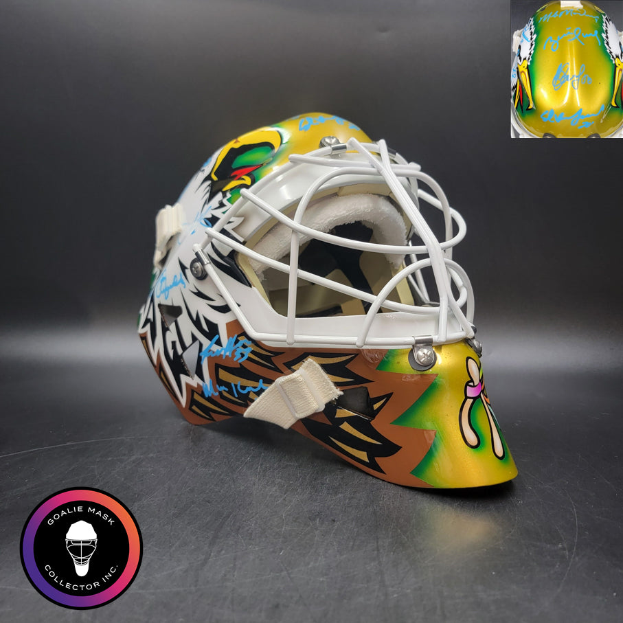 Ed Belfour Signed Goalie Mask Dallas Gold Yellow V1 1999 TEAM SIGNED CUP WINNING EDITION Simple Eagle Signature Edition Autographed Limited Edition of (10 Releases) Signature Edition Tribute
