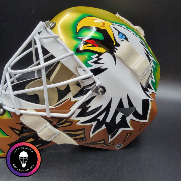 Ed Belfour Goalie Mask Unsigned Dallas Gold Yellow V1 CUP WINNING EDITION Simple Eagle Tribute