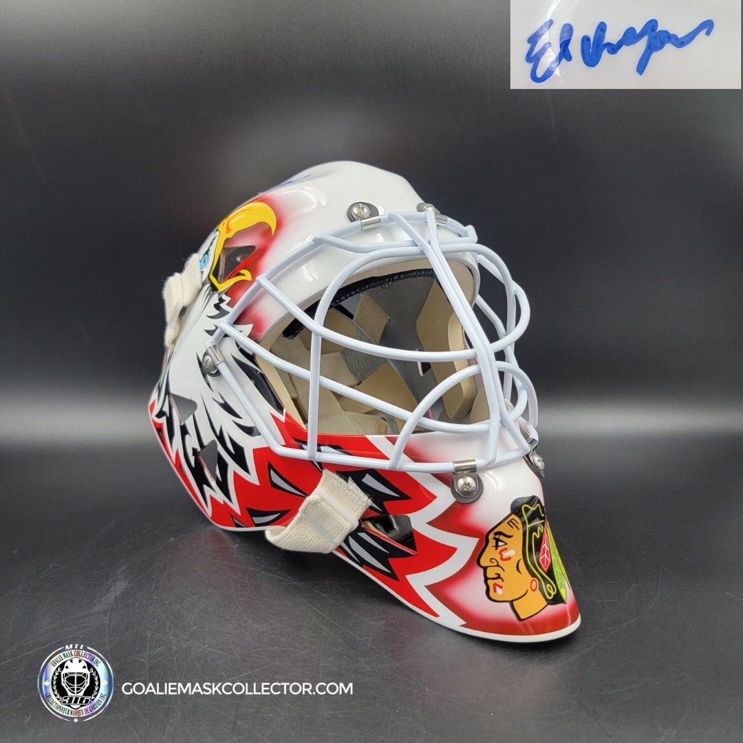 Ed Belfour Signed Goalie Mask Custom White Chicago "Simple Eagle" Signature Edition. Goalie Mask Collector.