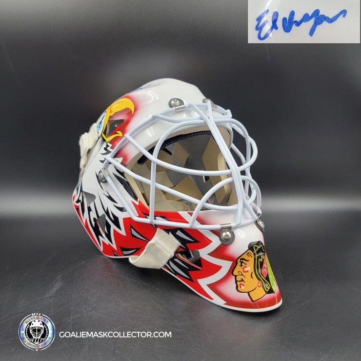 Ed Belfour Signed Goalie Mask Custom White Chicago "Simple Eagle" Autographed Signature Edition
