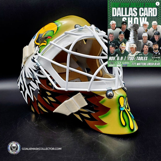 Preorder: Ed Belfour Signed Goalie Mask Dallas Gold Yellow V1 1999 TEAM SIGNED CUP WINNING EDITION Simple Eagle Signature Edition Autographed Limited Edition of 10