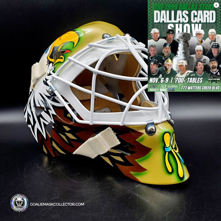 Preorder: Ed Belfour Signed Goalie Mask Dallas Gold Yellow V1 1999 TEAM SIGNED CUP WINNING EDITION Simple Eagle Signature Edition Autographed Limited Edition of 10