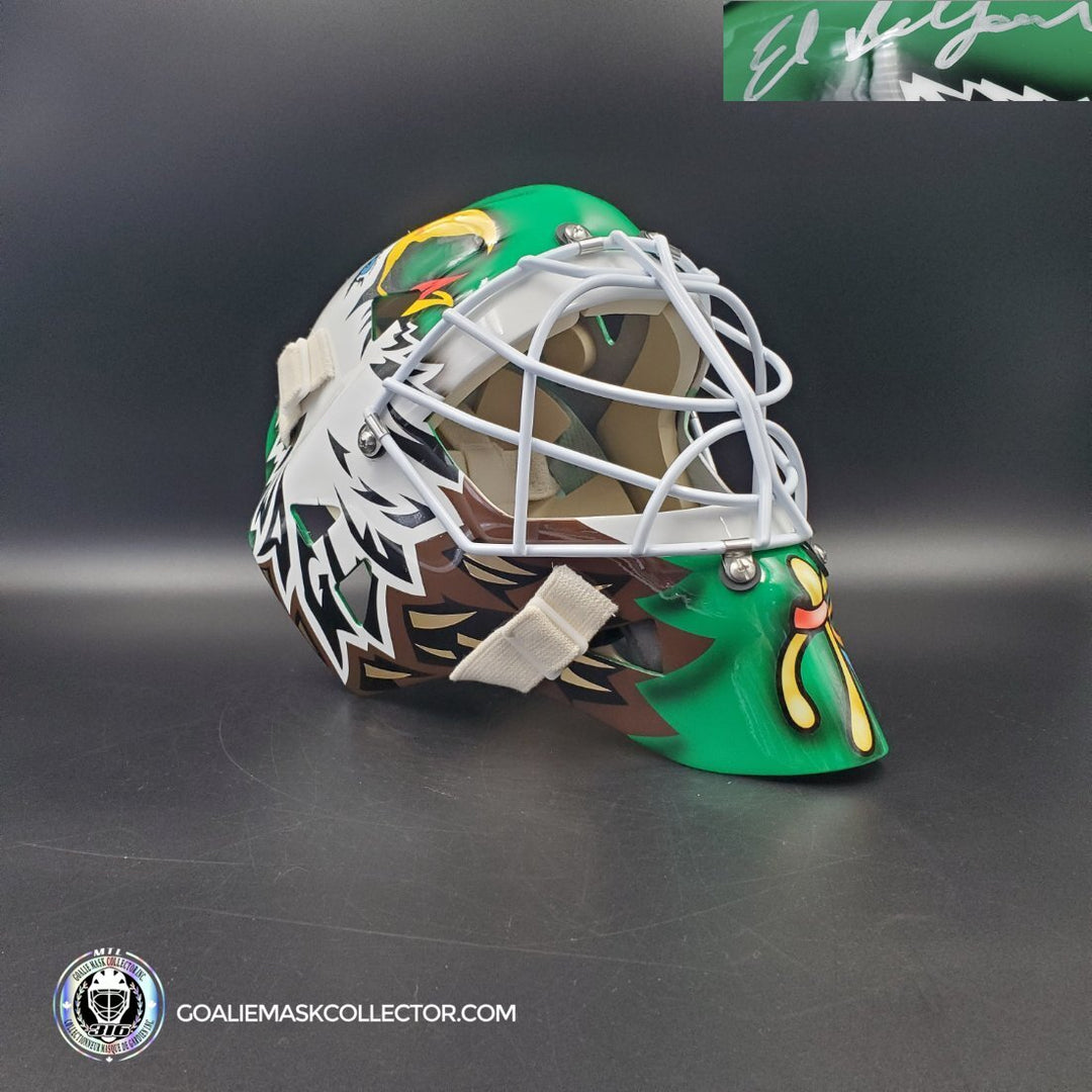 Ed Belfour Signed Goalie Mask Green Dallas "Simple Eagle" V1 Dark Green Signature Edition. Goalie Mask Collector.