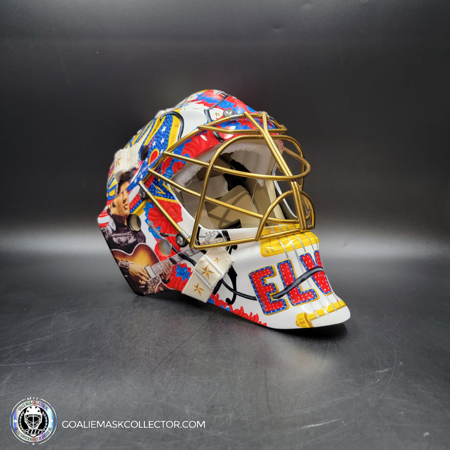 Elvis Merzlikins Goalie Mask Unsigned 2024 Columbus Blue Jackets V1 2024 "ELVIS PRESLEY Tribute"  + Gold Powder Coated Grill Tribute