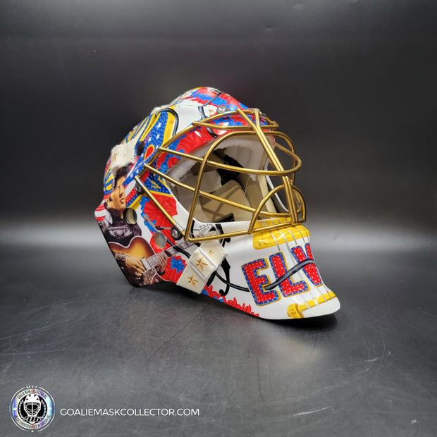 Elvis Merzlikins Goalie Mask Unsigned 2024 Columbus Blue Jackets V1  2024 Columbus Blue Jackets "ELVIS PRESLEY Tribute"  + Gold Powder Coated Grill Tribute