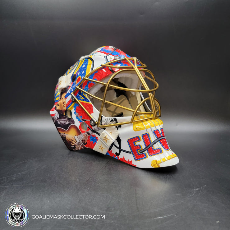 Elvis Merzlikins Goalie Mask Unsigned 2024 Columbus Blue Jackets V1  2024 Columbus Blue Jackets "ELVIS PRESLEY Tribute"  + Gold Powder Coated Grill Tribute