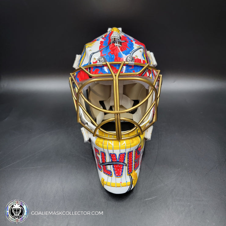 Elvis Merzlikins Goalie Mask Unsigned 2024 Columbus Blue Jackets V1  2024 Columbus Blue Jackets "ELVIS PRESLEY Tribute"  + Gold Powder Coated Grill Tribute