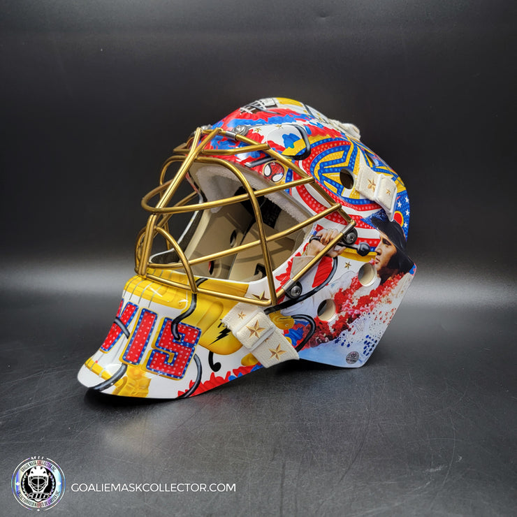 Elvis Merzlikins Goalie Mask Unsigned 2024 Columbus Blue Jackets V1  2024 Columbus Blue Jackets "ELVIS PRESLEY Tribute"  + Gold Powder Coated Grill Tribute