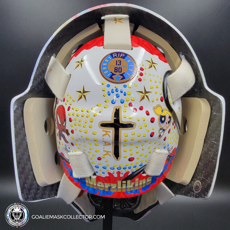 Elvis Merzlikins Goalie Mask Unsigned 2024 Columbus Blue Jackets V1  2024 Columbus Blue Jackets "ELVIS PRESLEY Tribute"  + Gold Powder Coated Grill Tribute