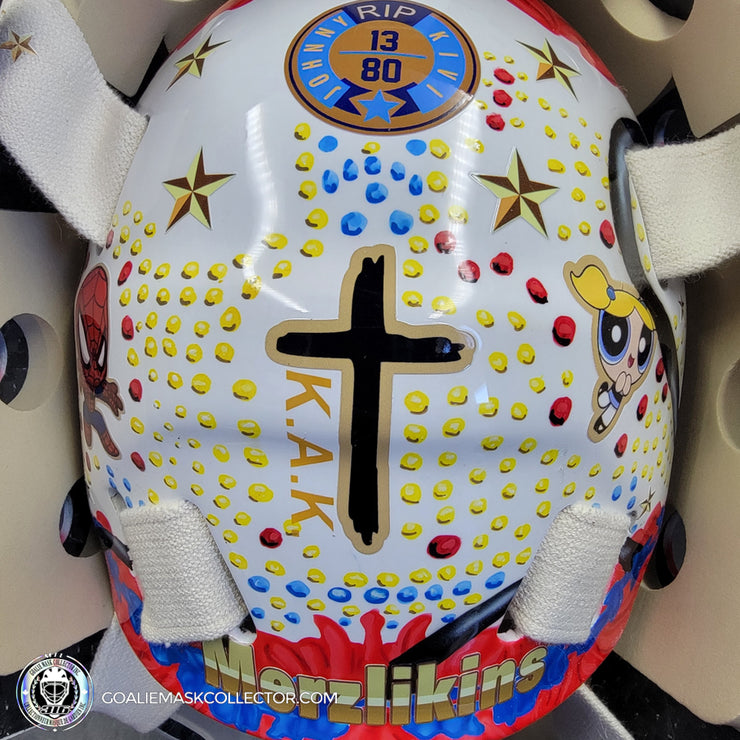 Elvis Merzlikins Goalie Mask Unsigned 2024 Columbus Blue Jackets V1  2024 Columbus Blue Jackets "ELVIS PRESLEY Tribute"  + Gold Powder Coated Grill Tribute