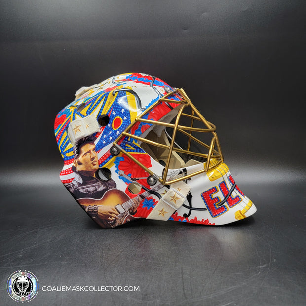 Elvis Merzlikins Signed Goalie Mask 2024 Columbus Blue Jackets "ELVIS PRESLEY Tribute" V1 Signature Edition Autographed + Gold Powder Coated Grill Tribute